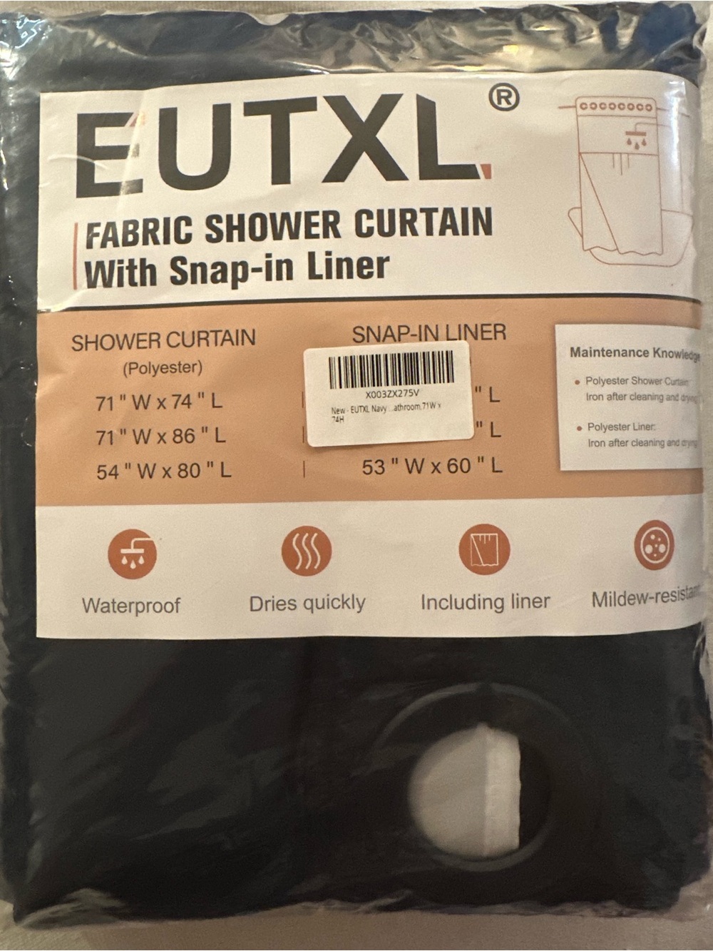 Navy Fabric Shower Curtain with Snap-In Liner